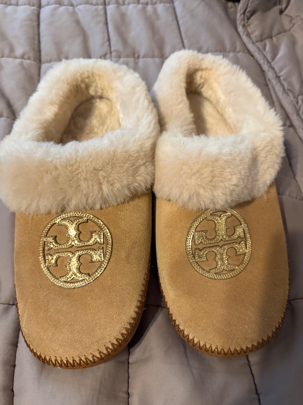 Tory Burch Chestnut Suede Shearling Slippers with Gold Logo